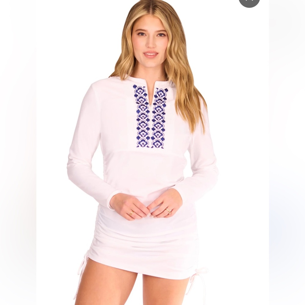 Cabana‎ Life White Coral Embroidered Convertible Ruched Swim Cover/Dress. Size L
